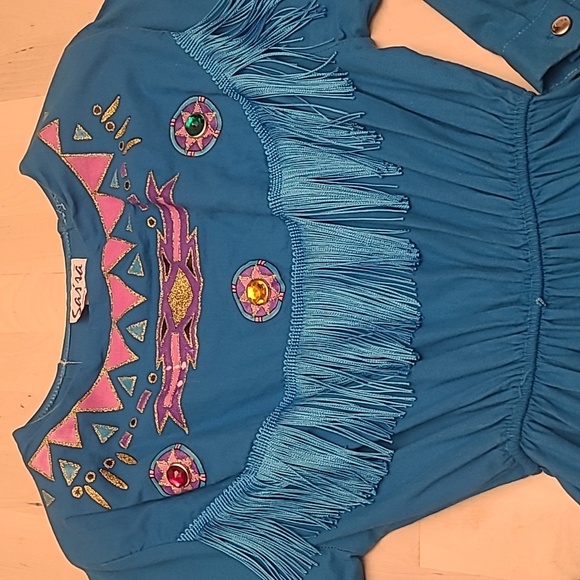 VTG 1980s SASSA Bold Bright Blue Gemstone Westernwear Fringe Dress with Pockets - Picture 4 of 17